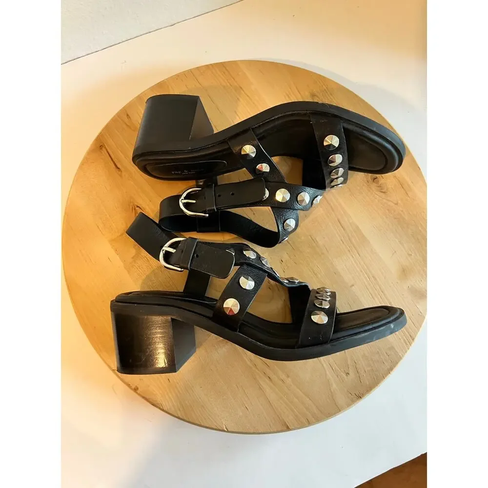 Rag & Bone Black Genuine Leather Silver Studded Chunky Sandal Size 7.5-8 / 38